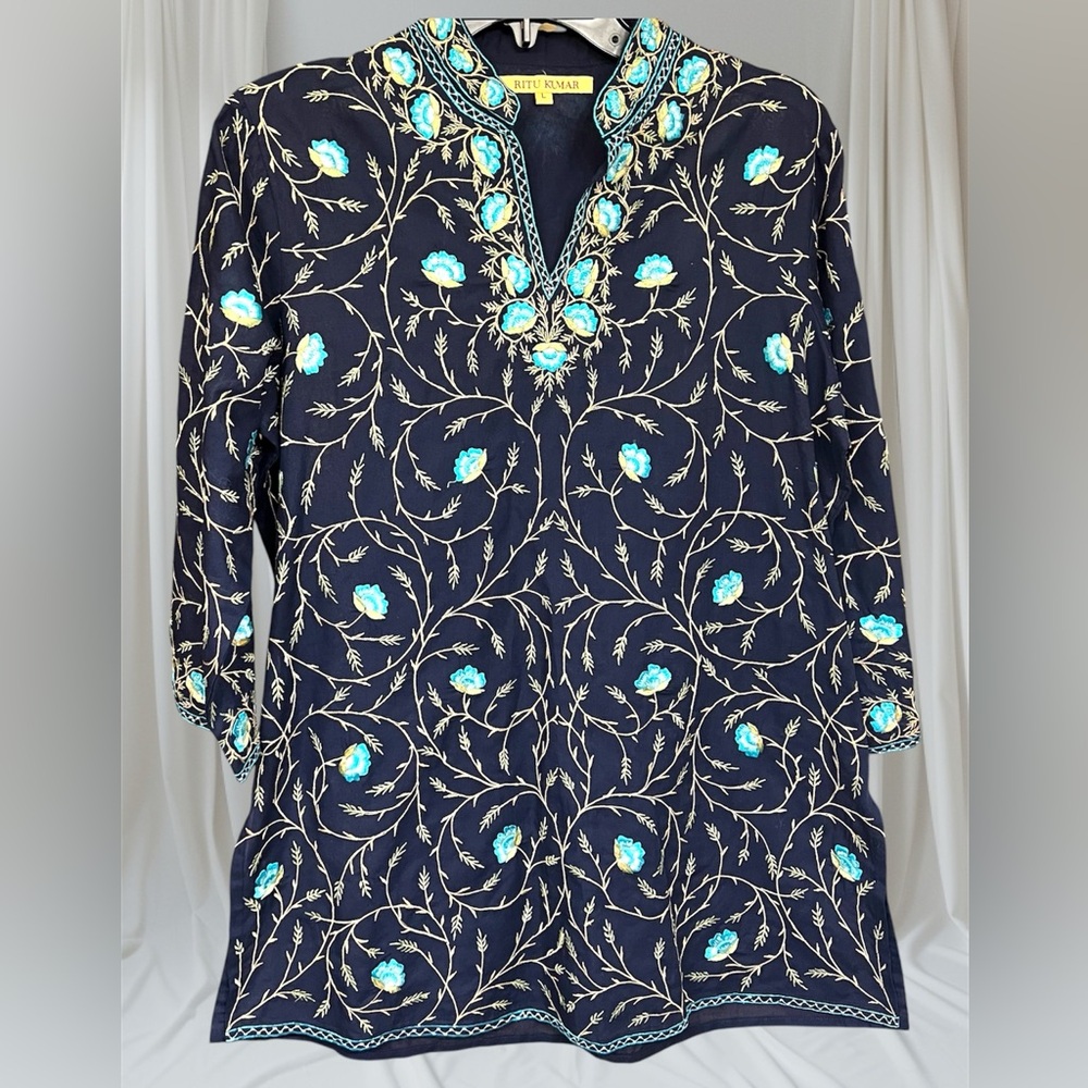 Ritu Kumar Navy Tunic with Turquoise Floral Embroidery sz large linen
